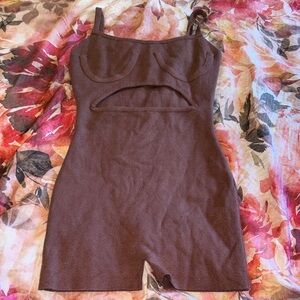 Basicbxxch Brown Ribbed Romper Onep Piece Body Suit Cut Out